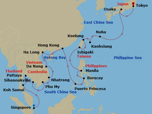28 Night - Southeast Asia, the Philippines, Taiwan & Japan - Westerdam - Starting in Singapore, Nathon (Koh Samui), Thailand, Pattaya (Bangkok), Thailand, Sihanoukville, Cambodia, Phu My, Vietnam, Nha Trang, Vietnam, Da Nang (Hue), Vietnam, Halong Bay, Vietnam, Hong Kong, China, Puerto Princesa, Philippines, Boracay, Philippines, Manila, Philippines, Kaohsiung, Taiwan, Keelung (Taipei), Taiwan, Ishigaki Island, Japan, Naha, Japan, Osaka, Japan, Tokyo, Japan itinerary map
