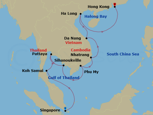 14 Night - Far East Discovery - Westerdam - Starting in Singapore, Nathon (Koh Samui), Thailand, Pattaya (Bangkok), Thailand, Sihanoukville, Cambodia, Phu My, Vietnam, Nha Trang, Vietnam, Da Nang (Hue), Vietnam, Halong Bay, Vietnam, Hong Kong, China itinerary map