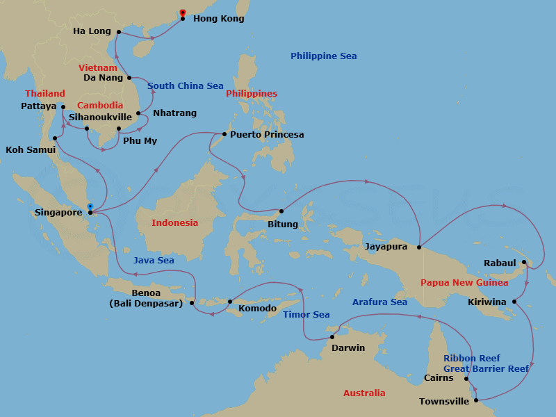 42 Night - Coral Triangle, Great Barrier Reef & Southeast Asia - Westerdam - Starting in Singapore, Puerto Princesa, Philippines, Bitung, Sulawesi, Indonesia, Jayapura, Indonesia, Rabaul, Papua New Guinea, Kiriwina Island, Papua New Guinea, Townsville, Australia, Cairns, Australia, At Sea (Great Barrier Reef), The Ribbon Reef Region, At Sea (Great Barrier Reef), The Far North Region, Scenic Cruising Torres Strait, Darwin, Australia, Scenic cruising Batu Tara Volcano, Slawi Bay, Komodo Island, Indonesia, Benoa (Denpasar), Bali, Indonesia, Scenic cruising Krakatau Volcano, Singapore, Nathon (Koh Samui), Thailand, Pattaya (Bangkok), Thailand, Sihanoukville, Cambodia, Phu My, Vietnam, Nha Trang, Vietnam, Da Nang (Hue), Vietnam, Halong Bay, Vietnam, Hong Kong, China itinerary map