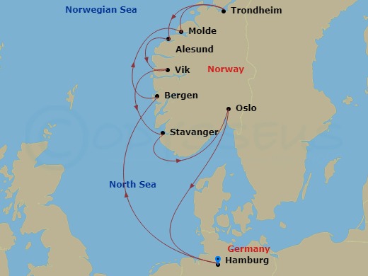 11 Night - Northern Europe - MSC Preziosa - Starting in Hamburg, Germany, Bergen, Norway, Molde, Norway, Trondheim, Norway, Alesund, Norway, Vik I Sogn, Norway, Stavanger (Lysefijord), Norway, Oslo, Norway, Hamburg, Germany itinerary map