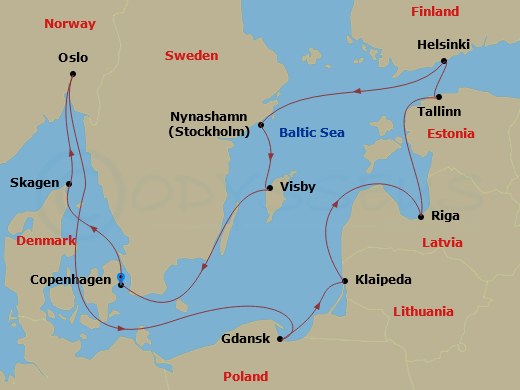 12 Night - Norway, Denmark & Sweden - Sapphire Princess - Starting in Copenhagen, Denmark, Skagen, Denmark, Oslo, Norway, Gdansk (Gdynia), Poland, Klaipeda, Lithuania, Riga, Latvia, Tallinn, Estonia, Helsinki, Finland, Nynashamn (for Stockholm), Sweden, Visby, Sweden, Copenhagen, Denmark itinerary map