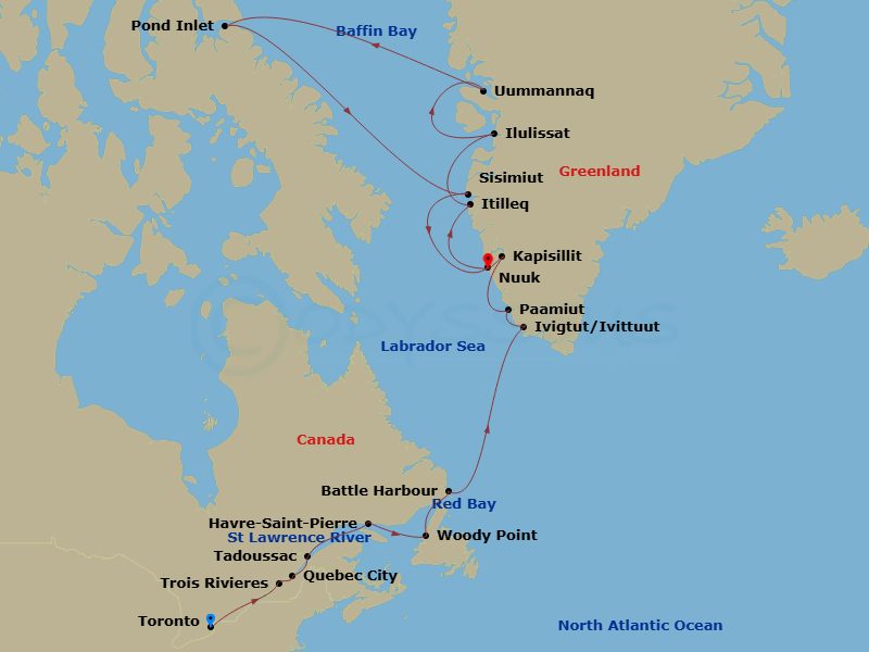 26 Night - Canada & the Northwest Passage - Viking Polaris - Starting in Toronto, Ontario, Scenic Sailing St Lawrence Seaway Locks, Trois-Rivieres, Quebec, Quebec City, Quebec, Tadoussac, Quebec, Havre-Saint-Pierre, Quebec, Woody Point (Bonne Bay), Newfoundland, Red Bay, Newfoundland, Labrador, Battle Harbour, Newfoundland, Labrador, Sail the Labrador Sea, Ivittuut, Paamiut, Kapisillit, Nuuk, Itilleq Fjord, Ilulissat, Uummannaq, Sail Baffin Bay, Pond Inlet, Canadian High Arctic, Sail Baffin Bay, Sisimiut, Nuuk itinerary map