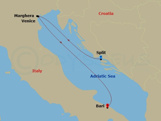 2 Night - Mediterranean - MSC Lirica - Starting in Split, Croatia, Venice / Marghera, Italy, Bari, Italy itinerary map