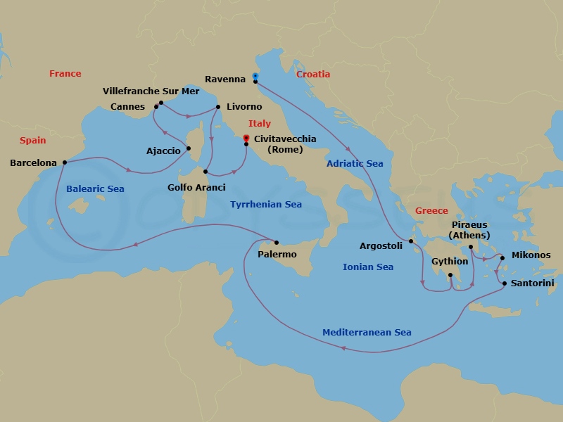 17 Night - Muse & Marble - Seven Seas Prestige - Starting in Ravenna, Cruising the Adriatic Sea, Argostoli (Cephalonia), Gythion, Athens (Piraeus), Mykonos, Santorini, Cruising the Ionian Sea, Palermo (Sicily), Cruising the Mediterranean Sea, Barcelona, Ajaccio (Corsica), Cannes, Villefranche, Cruising the Ligurian Sea, Tuscany (Livorno), Golfo Aranci (Sardinia), Rome (Civitavecchia) itinerary map