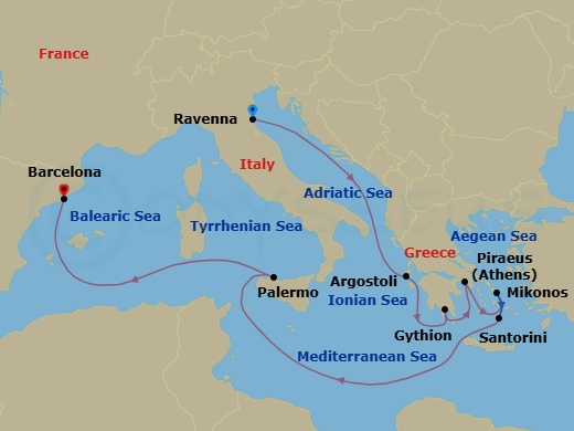 10 Night - Breathtaking Greek Isles - Seven Seas Prestige - Starting in Ravenna, Cruising the Adriatic Sea, Argostoli (Cephalonia), Gythion, Athens (Piraeus), Mykonos, Santorini, Cruising the Ionian Sea, Palermo (Sicily), Cruising the Mediterranean Sea, Barcelona itinerary map