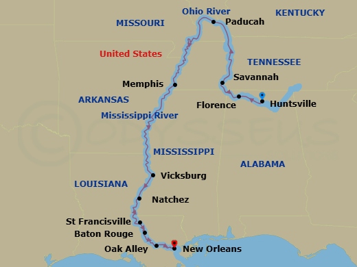 15 Night - Mississippi & Tennessee Rivers Cruise - American Heritage - Starting in Huntsville, AL, Cruising the Mississippi River, Florence, AL, Savannah, TN, Day of River Cruising, Paducah, KY, Day of Cruising, Memphis, TN, Day of River Cruising, Vicksburg, MS, Natchez, MS, St Francisville, LA, Baton Rouge, LA, Oak Alley, LA, New Orleans, La itinerary map