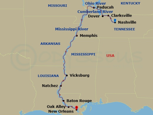 15 Night - Mississippi & Cumberland Rivers Cruise - American Symphony - Starting in Nashville, TN, Cruising the Mississippi River, Clarksville, TN, Dover TN, Day of River Cruising, Paducah, KY, Day of Cruising, Memphis, TN, Day of River Cruising, Vicksburg, MS, Natchez, MS, Day of River Cruising, Baton Rouge, LA, Oak Alley, LA, New Orleans, La itinerary map