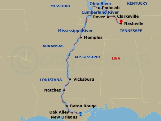 15 Night - Mississippi & Cumberland Rivers Cruise - American Symphony - Starting in New Orleans, La, Cruising the Mississippi River, Oak Alley, LA, Baton Rouge, LA, Day of River Cruising, Natchez, MS, Vicksburg, MS, Day of River Cruising, Memphis, TN, Day of Cruising, Paducah, KY, Day of River Cruising, Dover TN, Clarksville, TN, Nashville, TN itinerary map