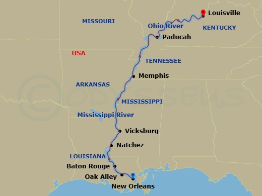 13 Night - Mississippi & Ohio Rivers Cruise - American Symphony - Starting in New Orleans, La, Cruising the Mississippi River, Oak Alley, LA, Baton Rouge, LA, Day of River Cruising, Natchez, MS, Vicksburg, MS, Day of River Cruising, Memphis, TN, Day of Cruising, Paducah, KY, Day of River Cruising, Louisville, KY itinerary map
