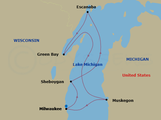 8 Night - Lake Michigan & Upper Peninsula Cruise - American Patriot - Starting in Milwaukee, WI, Day of Cruising, Sheboygan, WI, Day of Cruising, Escanaba, MI, Green Bay, WI, Muskegon, MI, Milwaukee, WI itinerary map