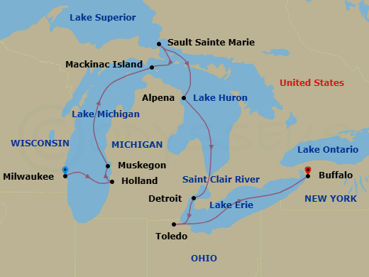13 Night - American Great Lakes Cruise - American Patriot - Starting in Milwaukee, WI, Day of Cruising, Holland, MI, Muskegon, MI, Day of Cruising, Mackinac Island, MI, Sault Ste Marie, MI, Day of Cruising, Alpena, MI, Day of Cruising, Detroit, MI, Toledo, OH, Buffalo, NY itinerary map