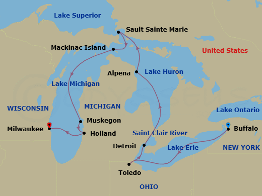 13 Night - American Great Lakes Cruise - American Patriot - Starting in Buffalo, NY, Day of Cruising, Toledo, OH, Detroit, MI, Day of Cruising, Alpena, MI, Day of Cruising, Sault Ste Marie, MI, Mackinac Island, MI, Day of Cruising, Muskegon, MI, Holland, MI, Milwaukee, WI itinerary map