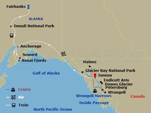 15 Night - Alaska National Parks - American Constitution Tours - Starting in Fairbanks, AK, Denali National Park, AK, Denali to Anchorage Scenic Railroad Journey, Kenai Fjords National Park / Seward, AK, Seward, AK / Anchorage, AK, Juneau, Ak, Afternoon of Alaskan River Cruising, Haines, AK, Glacier Bay, AK, Petersburg, AK, Cruising the Wrangell Narrows, Wrangell, AK, Endicott Arm, AK / Dawes Glacier, Juneau, Ak itinerary map