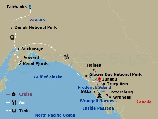 18 Night - Grand Alaska National Parks - American Constellation Tours - Starting in Fairbanks, AK, Denali National Park, AK, Travel to Anchorage, AK, Kenai Fjords National Park / Seward, AK, Seward, AK / Anchorage, AK, Juneau, Ak, Afternoon of Cruising Through Alaskan Waters, Haines, AK, Day of Cruising Alaskas Inside Passage Waterways, Glacier Bay National Park, AK, Sitka, Ak, Cruising the Inside Passage and Frederick Sound, Petersburg, AK, Cruising the Wrangell Narrows, Wrangell, AK, Tracy Arm, AK, Juneau, Ak itinerary map