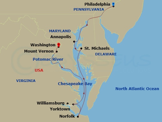 11 Night - American Revolution Cruise - American Legend - Starting in Philadelphia, Pa, Day of Cruising, Annapolis, MD, St Michaels, MD, Day of Cruising, Norfolk, Va, Yorktown / Jamestown, VA, Williamsburg, VA, Mount Vernon, VA, Washington, DC itinerary map