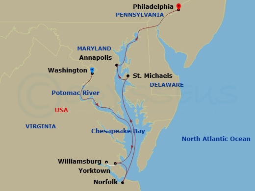 11 Night - American Revolution Cruise - American Mariner - Starting in Washington, DC, Day of Cruising Chesapeake Bay, Norfolk, Va, Day of Cruising, Yorktown / Jamestown, VA, Williamsburg, VA, St Michaels, MD, Annapolis, MD, Day of Cruising Chesapeake Bay and the Delaware River, Philadelphia, Pa itinerary map