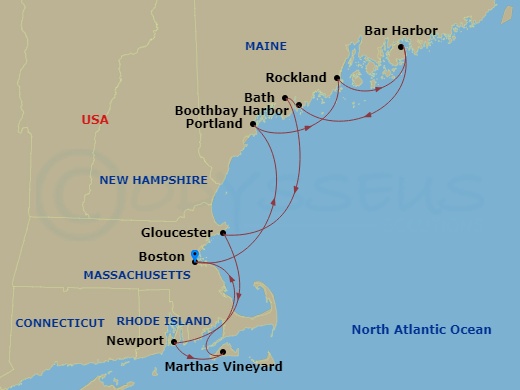 11 Night - New England Explorer Cruise - American Pioneer - Starting in Boston, Ma, Day of Cruising, Portland ME, Rockland, ME, Bar Harbor, Me, Boothbay Harbor, ME, Bath, ME, Gloucester, MA, Newport, Ri, Day of Cruising, Marthas Vineyard, MA, Boston, Ma itinerary map