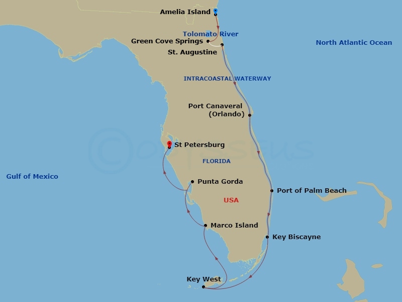 15 Night - Grand Florida Coast & Keys Cruise - American Patriot - Starting in Amelia Island, FL, Day of Cruising, Green Cove Springs, FL, St Augustine, FL, Cruising the Tolomato River, Cape Canaveral, FL, Day of Cruising, West Palm Beach, FL, Key Biscayne, FL, Key West, FL, Day of Cruising, Marco Island, FL, Punta Gorda, FL, St Petersburg FL itinerary map