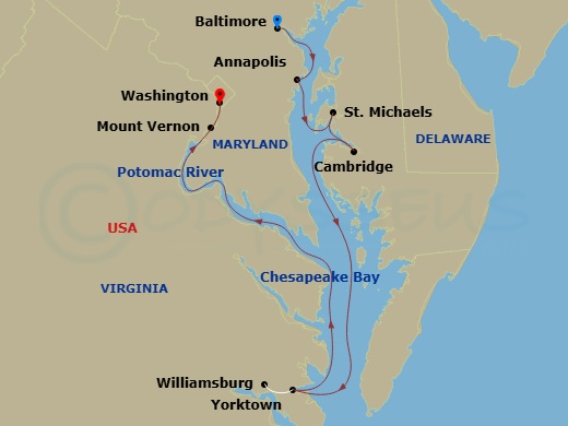 8 Night - Potomac River & Chesapeake Bay Cruise - American Independence - Starting in Baltimore, MD, Day of Cruising Chesapeake Bay, Annapolis, MD, St Michaels, MD, Cambridge, MD, Cruising the Chesapeake Bay, Williamsburg / Yorktown, VA, Mount Vernon, VA / Washington DC, Washington, DC itinerary map