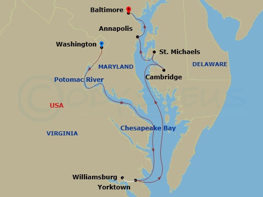 8 Night - Potomac River & Chesapeake Bay Cruise - American Glory - Starting in Washington, DC, Day of Cruising Chesapeake Bay, Williamsburg / Yorktown, VA, Cruising the Chesapeake Bay, Cambridge, MD, St Michaels, MD, Annapolis, MD, Baltimore, MD itinerary map