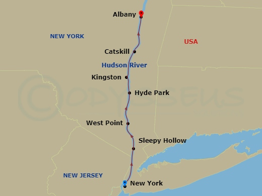 8 Night - Hudson River Fall Foliage Cruise - American Ranger - Starting in New York, NY, Day of Cruising the Hudson River, Sleepy Hollow, NY, West Point, NY, Kingston, NY / Hyde Park, NY, Catskill, NY, Day of Cruising, Albany NY itinerary map