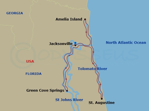 8 Night - Great Rivers of Florida Cruise - American Liberty - Starting in Jacksonville, FL, Day of Cruising, Green Cove Springs, FL, Amelia Island, FL, Cruising the Tolomato River, St Augustine, FL, Jacksonville, FL itinerary map
