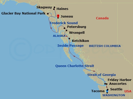 15 Night - Alaska Inside Passage Cruise - American Ranger - Starting in Tacoma / Seattle, WA, Afternoon of Cruising, Anacortes, WA, Friday Harbor, WA, Cruising Strait of Georgia, Cruising Queen Charlotte Strait, Cruising the Inside Passage, Ketchikan, AK, Wrangell, AK, Petersburg, AK, Cruising the Frederick Sound, Glacier Bay National Park, Haines, AK, Skagway, Ak, Juneau, Ak itinerary map