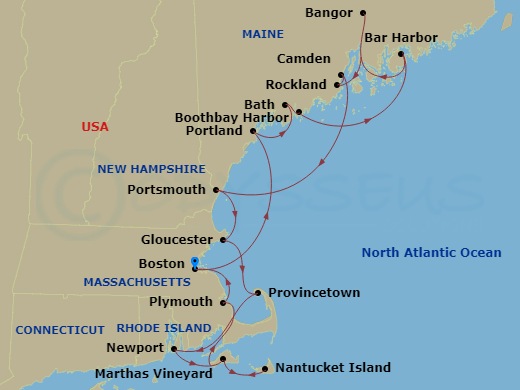 15 Night - Grand New England Cruise - American Navigator - Starting in Boston, Ma, Day of Cruising, Portland ME, Bath, ME, Boothbay Harbor, ME, Bar Harbor, Me, Bangor ME, Rockland / Camden, ME, Portsmouth NH, Gloucester, MA, Provincetown, MA, Newport, Ri, Marthas Vineyard, MA, Nantucket Island / Marthas Vineyard, MA, Plymouth, MA, Boston, Ma itinerary map