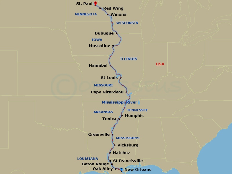 22 Night - Complete Mississippi River Cruise - American Melody - Starting in New Orleans, La, Day of River Cruising, Oak Alley, LA, Baton Rouge, LA, St Francisville, LA, Natchez, MS, Vicksburg, MS, Greenville, MS, Tunica, MS, Memphis, TN, Day of Cruising, Cape Girardeau, MO, Day of River Cruising, St Louis, MO, Day of River Cruising, Hannibal, MO, Day of River Cruising, Muscatine, IA, Dubuque, IA, Day of River Cruising, Winona, MN, Red Wing, MN, St Paul, MN itinerary map