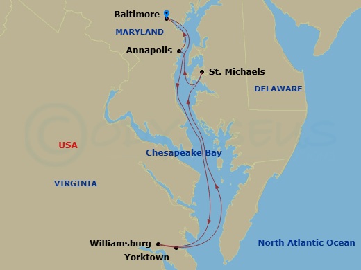 8 Night - Chesapeake Bay Cruise - American Independence - Starting in Baltimore, MD, Day of Cruising Chesapeake Bay, Yorktown, VA / Williamsburg, VA, Cruising the Chesapeake Bay, St Michaels, MD, Annapolis, MD, Baltimore, MD itinerary map