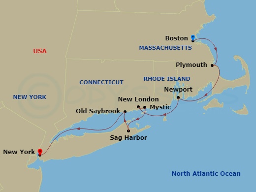 8 Night - Northeast Harbors Cruise - American Pioneer - Starting in Boston, Ma, Day of Cruising, Plymouth, MA, Newport, Ri, New London / Mystic, CT, Sag Harbor, NY, Old Saybrook, CT, New York, NY itinerary map