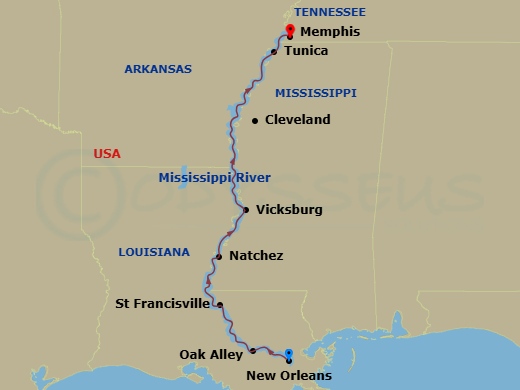 11 Night - Mississippi Explorer Cruise - American Serenade - Starting in New Orleans, La, Day of River Cruising, Oak Alley, LA, St Francisville, LA, Natchez, MS, Day of Cruising, Vicksburg, MS, Day of River Cruising, Cleveland, MS, Tunica, MS, Memphis, TN itinerary map