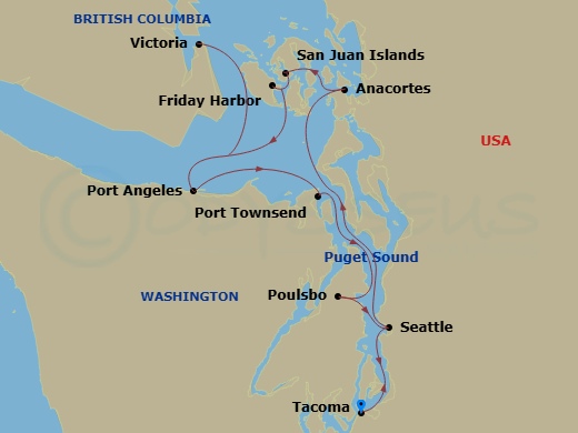 8 Night - Puget Sound & San Juan Islands Cruise - American Ranger - Starting in Seattle / Tacoma, WA, Day of Cruising, Anacortes, WA, Friday Harbor, WA, Cruising the San Juan Islands / Port Angeles, WA, Victoria CA, Canada / Port Angeles, WA, Port Townsend, WA, Poulsbo, WA, Tacoma, WA itinerary map