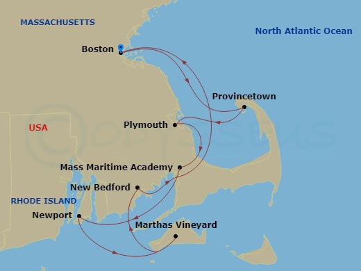 8 Night - Cape Codder Cruise - American Navigator - Starting in Boston, Ma, Day of Cruising, Provincetown, MA, Plymouth, MA, Mass Maritime Academy, MA, Newport, Ri, Marthas Vineyard, MA, New Bedford, MA, Boston, Ma itinerary map