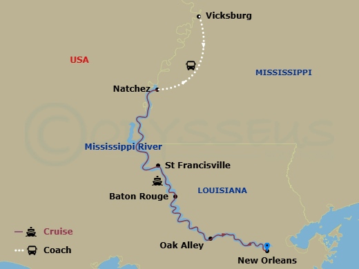 7 Night - Highlights of the Mississippi Cruise - American Serenade - Starting in New Orleans, La, Cruising the Historic Mississippi River, Oak Alley, LA, Baton Rouge, LA, Natchez / Vicksburg, MS, St Francisville, LA, New Orleans, La itinerary map