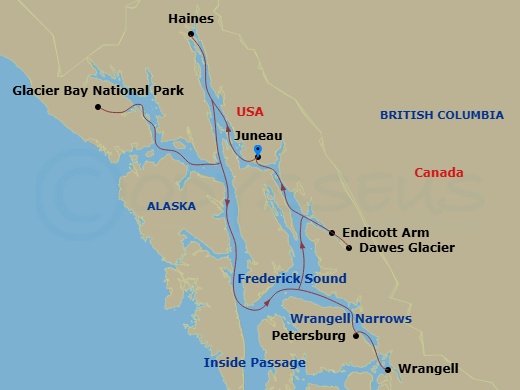 8 Night - Southeast Alaska Cruise - American Constitution - Starting in Juneau, Ak, Afternoon of Cruising, Haines, AK, Glacier Bay, AK, Petersburg, AK, Cruising the Wrangell Narrows, Wrangell, AK, Endicott Arm, AK / Dawes Glacier, Juneau, Ak itinerary map
