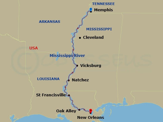 8 Night - Lower Mississippi River Cruise - American Heritage - Starting in Memphis, TN, Cruising the Lower Mississippi River, Cleveland, MS, Vicksburg, MS, Natchez, MS, St Francisville, LA, Day of River Cruising, Oak Alley, LA, New Orleans, La itinerary map