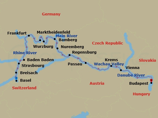 17 Night - Rhine, Main & Danube Odyssey - Viking Skirnir - Starting in Basel, Breisach, Strasbourg, Baden-Baden, Frankfurt, Scenic Sailing Main River, Marktheidenfeld, Wurzburg, Bamberg, Nuremberg, Regensburg, Passau, Scenic Sailing Wachau Valley, Krems, Vienna, Scenic Sailing Danube Bend, Budapest itinerary map