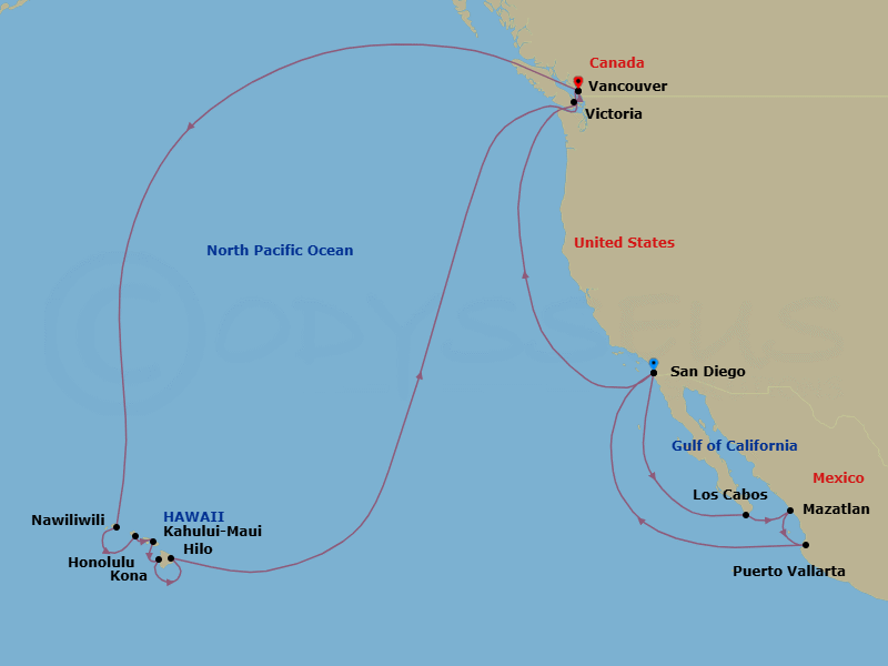 28 Night - Mexico Riviera, Pacific Coastal & Circle Hawaii - Koningsdam - Starting in San Diego, California, Cabo San Lucas, Mexico, Mazatlan, Mexico, Puerto Vallarta, Mexico, San Diego, California, Victoria CA, Canada, Vancouver, BC, CA, Nawiliwili, Kauai, Hawaii, Honolulu, Hawaii, Kahului, Maui, Kona, Hawaii, Hilo, Hawaii, Vancouver, BC, CA itinerary map