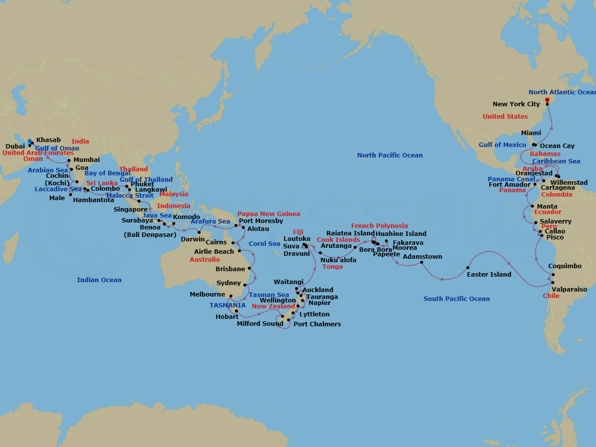 112 Night - Endless Worlds, Our Inaugural World Journey - EXPLORA I - Starting in Dubai, Khasab, Mumbai, Goa (Mormugao), Kochi, Male, Colombo, Hambantota, Phuket, Langkawi, Singapore, Surabaya, Bali / Benoa, Komodo, Darwin, Port Moresby, Alotau, Cairns, Airlie Beach, Brisbane, Sydney AU, Melbourne, Hobart / Tasmania, Milford Sound, Port Chalmers, Christchurch / Lyttleton, Wellington, Napier, Tauranga, Auckland, Waitangi, Lautoka, Dravuni Island, Suva, Nukualofa, Arutanga, Moorea, Bora Bora, Huahine, Raiatea, Papeete, Fakarava, Pitcairn Island / Adamstown, Easter Island (Isla de Pascua), Valparaiso, Coquimbo, Pisco (General San Martin), Lima (Callao), Salaverry, Manta, Panama City (Amador), Crossing the Panama Canal, Cartagena CO, Willemstad AN, Oranjestad, Miami, Ocean Cay, New York City itinerary map