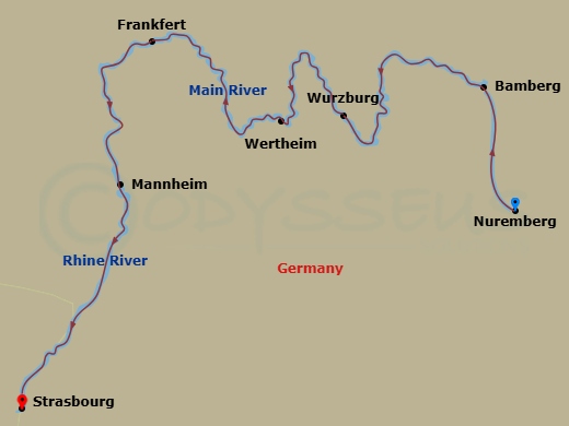 6 Night - Magic of Advent On the Rhine and Main - MS Amadeus Nova - Starting in Nuremberg, Bamberg, Wurzburg, Wertheim, Frankfurt, Mannheim, Strasbourg itinerary map