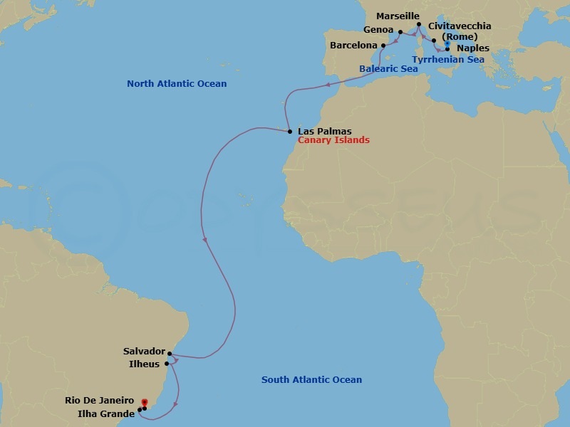 18 Night - Msc Grand Voyages - MSC Divina - Starting in Naples (Pompeii), Italy, Civitavecchia (Rome), Italy, Genoa (Portofino), Italy, Marseille (Provence), France, Barcelona, Spain, Las Palmas de Gran Canaria (Canary Islands), Spain, Salvador, Brazil, Ilheus, Brazil, Ilha Grande, Brazil, Rio De Janeiro, Brazil itinerary map