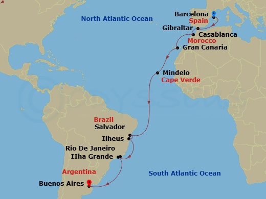 14 Night - Msc Grand Voyages - MSC Divina - Starting in Barcelona, Spain, Las Palmas de Gran Canaria (Canary Islands), Spain, Salvador, Brazil, Ilheus, Brazil, Ilha Grande, Brazil, Rio De Janeiro, Brazil itinerary map