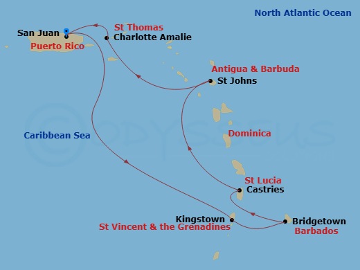 7 Night - Southern Caribbean Cruise - Celebrity Summit - Starting in San Juan, Puerto Rico, Kingstown, St Vincent, Bridgetown, Barbados, Castries, St Lucia, St Johns AG, Antigua, Charlotte Amalie, St Thomas, San Juan, Puerto Rico itinerary map