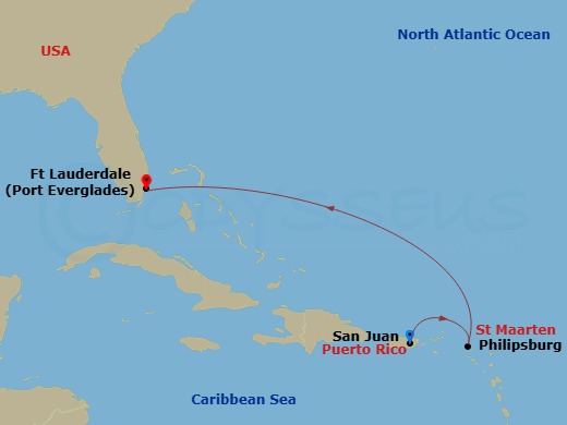 4 Night - San Juan to Ft. Lauderdale - Celebrity Summit - Starting in San Juan, Puerto Rico, Philipsburg, St Maarten, Fort Lauderdale, Florida itinerary map