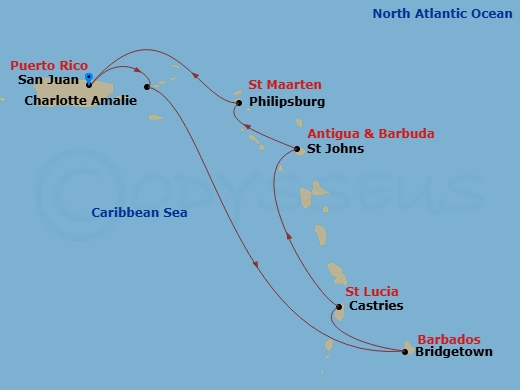 7 Night - Southern Caribbean Holiday - Celebrity Summit - Starting in San Juan, Puerto Rico, Charlotte Amalie, St Thomas, Bridgetown, Barbados, Castries, St Lucia, St Johns AG, Antigua, Philipsburg, St Maarten, San Juan, Puerto Rico itinerary map