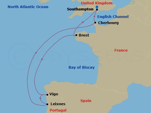 7 Night - Northern Europe - MSC Meraviglia - Starting in Southampton (London), United Kingdom, Brest, France, Vigo (Santiago De Compostela), Spain, Leixoes (Porto), Portugal, Cherbourg (Mont Saint-Michel), France, Southampton (London), United Kingdom itinerary map