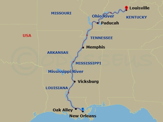 11 Night - Mississippi River Gateway Cruise - American Heritage - Starting in New Orleans, La, Cruising the Mississippi River, Oak Alley, LA, Day of River Cruising, Vicksburg, MS, Day of River Cruising, Memphis, TN, Day of River Cruising, Paducah, KY, Day of River Cruising, Louisville, KY itinerary map