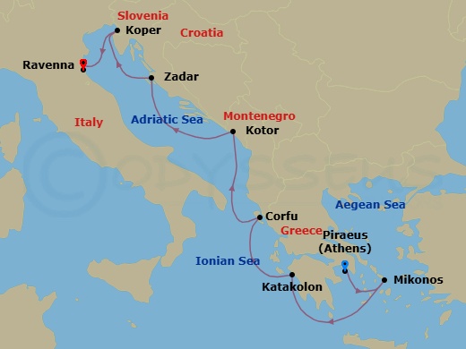 9 Night - Explore Athens Pre Cruisetour - Norwegian Pearl Tours - Starting in At Hotel, Piraeus / Athens, Greece, Mykonos, Greece, Olympia / Katakolon, Greece, Corfu, Greece, Kotor, Montenegro, Zadar, Croatia, Koper, Slovenia, Venice (Ravenna), Italy itinerary map