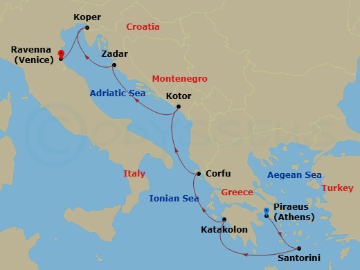 9 Night - Explore Athens Pre Cruisetour - Norwegian Pearl Tours - Starting in At Hotel, Piraeus / Athens, Greece, Santorini Island, Greece, Olympia / Katakolon, Greece, Corfu, Greece, Kotor, Montenegro, Zadar, Croatia, Koper, Slovenia, Venice (Ravenna), Italy itinerary map